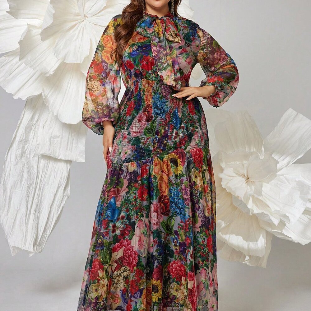 Multicolor Elegant Women's Plus Size Floral V-Neck Lantern Sleeve Maxi Dress - Picture 4 of 6